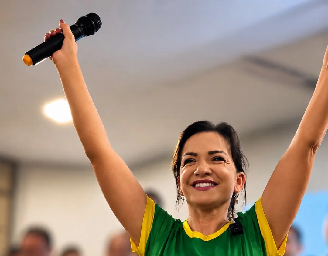 Alê Silva de braços erguidos em ato de campanha